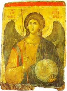 What ancient 14th century art do you find Archangel Michael holding a wand, staff, cane or spear, holding an orb in hand? What are the markings? What could it mean….? Spooky, I have both with me here…, who knew hundreds of years into the past…, Roll the twilight zone intro..,